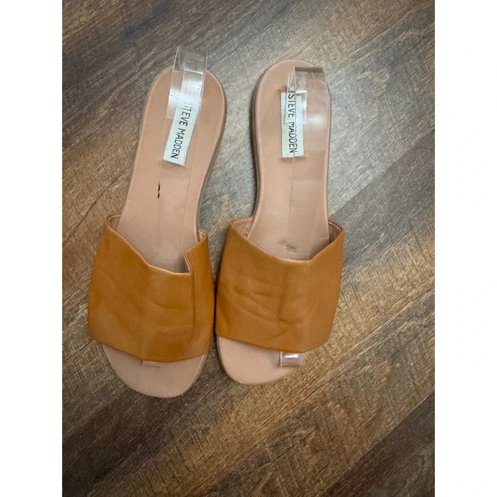 Steve Madden Women's 8M Tan Brown Leather Square Toe Slide Sandals